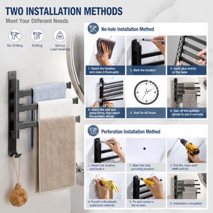 2-5 Arms Swivel Towel Rack Bath Towel Holder with Hook Swing Arm Towel Rack Wall Mount for Bathroom Kitchen-Grey 3Arm - color: Grey, size: 3-arm