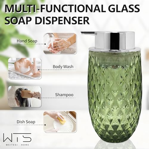 Glass Foaming Soap Dispenser, 10.5oz Foaming Pump Bottle with Silvery Pump for Bathroom, Kitchen, Refillable Bathroom Lotion Container Pump Bottle with Vintage Pattern, Green