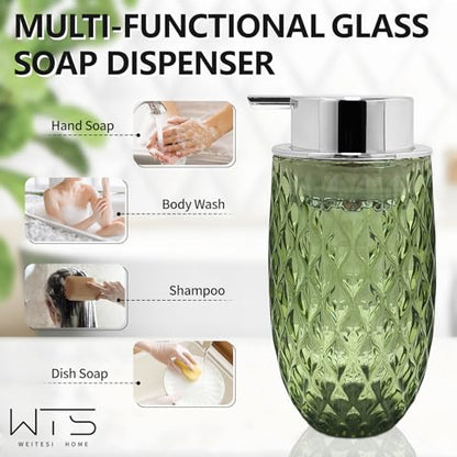 Glass Foaming Soap Dispenser, 10.5oz Foaming Pump Bottle with Silvery Pump for Bathroom, Kitchen, Refillable Bathroom Lotion Container Pump Bottle with Vintage Pattern, Green