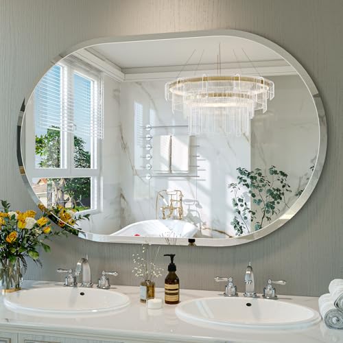 Frameless Oval Mirror, 48"x32" Beveled Oval Bathroom Mirrors | 5mm HD Glass, Anti-Rust, 15mm Frameless Beveled Mirror, French Cleat, Horizontally or Vertically, for bathroom/bedroom - size: 48"L x 32"W