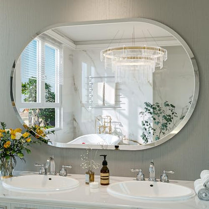 Frameless Oval Mirror, 48"x32" Beveled Oval Bathroom Mirrors | 5mm HD Glass, Anti-Rust, 15mm Frameless Beveled Mirror, French Cleat, Horizontally or Vertically, for bathroom/bedroom - size: 48"L x 32"W
