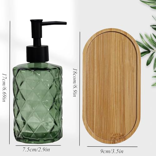 12oz Green Glass Hand and Dish Soap Dispenser Set, Diamond Design, Set of 2 | Bathroom Soap Dispenser with Plastic Pumps, Bamboo Tray for Hand Wash & Dish Wash, for Bathroom Kitchen Countertop - color: Green