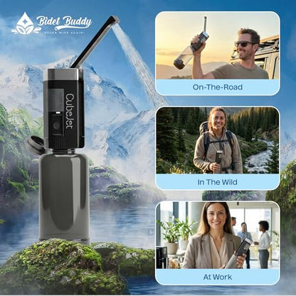BIDET BUDDY® CubeJet Portable Bidet for Travel, 380mL Bottle Obsidian Drift | Rechargeable Battery 1100mAH, IPX6 Waterproof Wand-Style Nozzle, USB-C High-Pressure Hygiene Device for Camping & Home