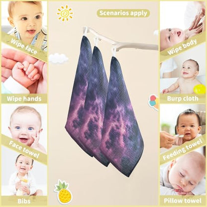 YETTASBIN Galaxy Muslin Baby Hand Washcloths, Soft Cotton Bath Face Towel, 4 Layers Extra Absorbent Feeding Burp Cloth for Newborn Infant, 5 Pack - size: 12 Inch x 5 Pack