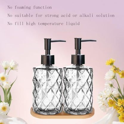 12oz Clear Glass Hand and Dish Soap Dispenser Set, Diamond Design, Set of 2 | Bathroom Soap Dispenser with Plastic Pumps, Bamboo Tray for Hand Wash & Dish Wash, for Bathroom Kitchen Countertop - color: Clear