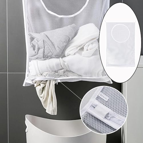 Hanging Laundry Hamper Bag with Adhesive Hooks Large Portable Mesh Laundry Bag Organizer for Dirty Clothes Storage RV Trailer Door Camper Camping Caravan Small Space Bathroom