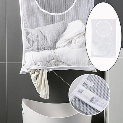 Hanging Laundry Hamper Bag with Adhesive Hooks Large Portable Mesh Laundry Bag Organizer for Dirty Clothes Storage RV Trailer Door Camper Camping Caravan Small Space Bathroom
