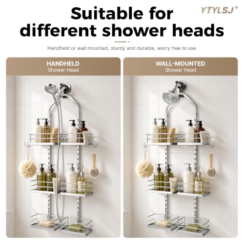 3-Tier Hanging Shower Caddy, Stainless Steel with Dual Clamp, Silver | Heavy-duty stainless steel, adjustable shelves for large families, Rustproof, tool-free install, Fits handheld showerheads - color: 3 Tier-Silver