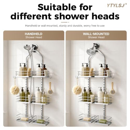 3-Tier Hanging Shower Caddy, Stainless Steel with Dual Clamp, Silver | Heavy-duty stainless steel, adjustable shelves for large families, Rustproof, tool-free install, Fits handheld showerheads - color: 3 Tier-Silver