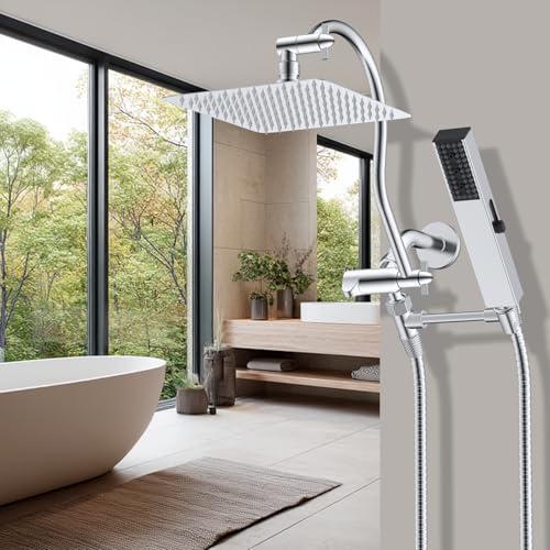 Hibbent All Metal cUPC Certified Shower Head, 10'' High Pressure Rainfall Shower Head, Showerhead Combo, Handheld Shower Wand, 12'' Adjustable Extension Arm, 4-Spray, 71'' Hose, Shower Holder, Chrome - color: Chrome, style: Square 10''