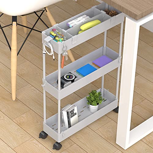 Slim Storage Cart 3 Tier,Bathroom Organizer Rolling Utility,Mobile Shelving Unit Slide Out for Office, Kitchen, Laundry Room & Narrow Places,Gray - color: Grey