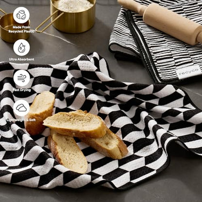 RECYCO Waffle Kitchen Towel Set of 2 - Quick Dry Microfiber Sustainable Dish Towels - Ultra Absorbent Reusable Cleaning Tea Towels - Lightweight Hand Towels,16”x 28”, Black & White Mirage - color: Black & White Mirage