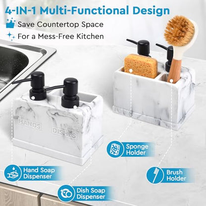 Kitchen Soap Dispenser Set,with Liquid Hand and Dish Soap,Sponge Holder and Brush Holder 4-in-1 Dual Soap Dispenser Set for Kitchen Sink, Bathroom - Artificial White Marble Look - color: 4 in 1 - White Marble Look