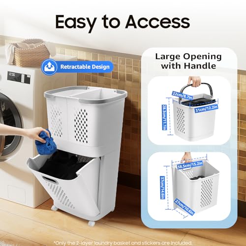 Rolling Laundry Hamper with Wheels, Grey Plastic Laundry Basket | Removable Dirty Clothes Basket with Handles Portable Rolling Clothes Hamper for Dorm, Laundry Room, Bathrooms, Kitchens