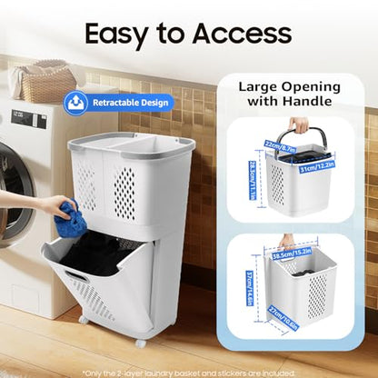 Rolling Laundry Hamper with Wheels, Grey Plastic Laundry Basket | Removable Dirty Clothes Basket with Handles Portable Rolling Clothes Hamper for Dorm, Laundry Room, Bathrooms, Kitchens