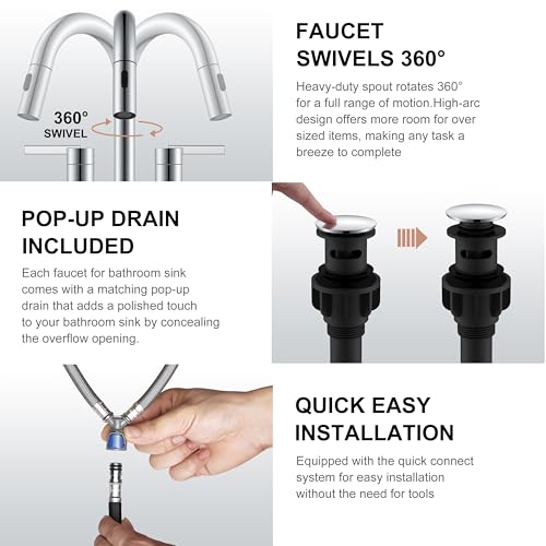 Chrome Pull Down Widespread Bathroom Faucet 8 Inch 2 Handle 3 Hole | Pull Out Bathroom Faucet with Pop Up Drain & Supply Lines, Lead-Free cUPC & NSF Certified, 8 Inch Faucet for Vanity RV Sink - color: Chrome