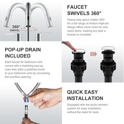 Chrome Pull Down Widespread Bathroom Faucet 8 Inch 2 Handle 3 Hole | Pull Out Bathroom Faucet with Pop Up Drain & Supply Lines, Lead-Free cUPC & NSF Certified, 8 Inch Faucet for Vanity RV Sink - color: Chrome