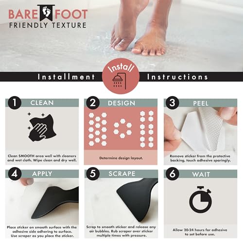 Anti Slip Shower Stickers, Non Slip Bathtub Stickers for Safety, Shower Floor non slip stickers with Scraper for Bathtub, Shower, Stairs, Boats. Bathtub Non Slip Stickers 28 Clear Hexagon - 3 in wide