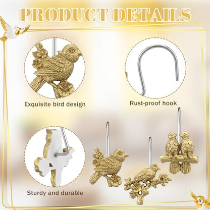 12 Pcs Bird Shower Curtain Hooks Antique Gold Birds Animal Decorative Hooks Rings Bulk Cute Hanger Stainless Steel Resin Nature Spring Themed Curtain Rings for Bathroom Bedroom Home Decor - style: Bird