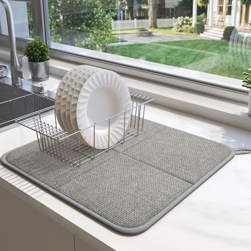 Dish Drying Mat for Kitchen Counter, Absorbent Dish Mat，Grey 16x18 | Ultra Absorbent & Fast Drying, Machine Washable Foldable Kitchen Drying Dry Pad for Countertops, Sinks, Draining Racks - size: 16" x 18"