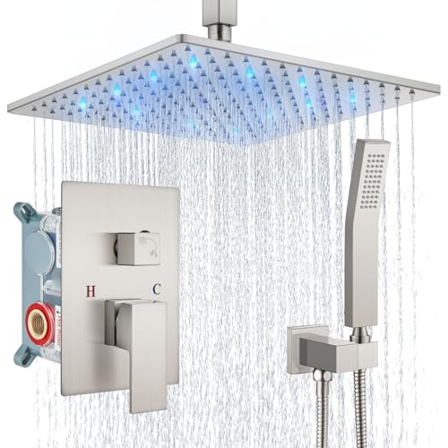 Aolemi Ceiling Shower Faucet Set with Handheld 12" LED Head Brushed Nickel | Handheld Spray,12 Inch Rain LED Head,Shower Valve and Trim Kit,All Metal,Ceiling System,Bathroom Mixer - color: Nickel, size: 12 Inch LED Shower Head