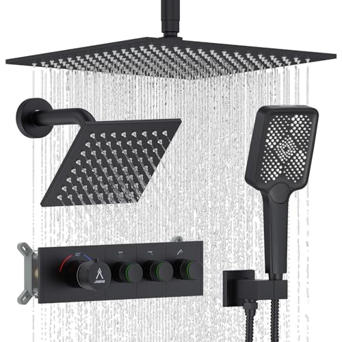 Shower System Brass Thermostatic Shower Faucet Set With Valve and Diverter Shower Mixer With Rain Head and Handheld High Pressure Square Rainfall - color: Matte Black, style: 12+6'' Wall Mount Thermostatic Valve