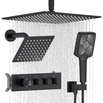 Shower System Brass Thermostatic Shower Faucet Set With Valve and Diverter Shower Mixer With Rain Head and Handheld High Pressure Square Rainfall - color: Matte Black, style: 12+6'' Wall Mount Thermostatic Valve