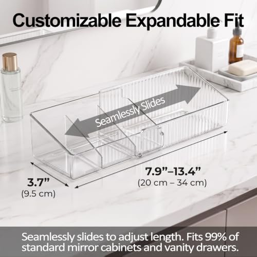 JessLab Expandable Mirror Cabinet Organizer, Clear Adjustable Makeup Bin with Dividers, Skincare Storage, Cosmetic Display Case for Bathroom Vanity Drawer, 2 Pack