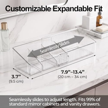 JessLab Expandable Mirror Cabinet Organizer, Clear Adjustable Makeup Bin with Dividers, Skincare Storage, Cosmetic Display Case for Bathroom Vanity Drawer, 2 Pack