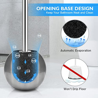 Toilet Brush and Holder 2 Pack, 304 Stainless Steel Toilet Brush with Extended and Durable Comfortable Brush Handle, Toilet Bowl Brush for Bathroom Toilet - Ergonomic, Pratical Durable - color: Silver