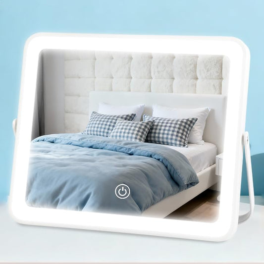YEKKOPT Portable Desk Vanity Mirror with Lights,10"×12" Small Rechargeable Makeup Mirror with Lights,Smart Touch Screen with 3-Color Lighting,Dimmable,for Dorm Tabletop,Bedroom,Decor - color: White, size: 10"L x 12"W