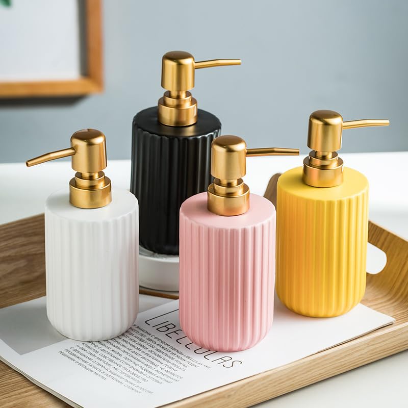 Chic Soap Dispenser, Vertical Stripe Design with Gold Pump(Black) | Cylinder-Shaped Ceramic Lotion Dispenser - color: Black