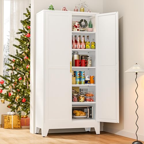 winiowa Tall Metal Kitchen Pantry Storage Cabinet with 2 Doors and 5 Adjustable Shelves - 75.2" Kitchen Cabinet with Gold Handles for Kitchen, Bathroom, Dining Room, Living Room - White - color: 2d-white, size: 18"D x 36"W x 75.2"H