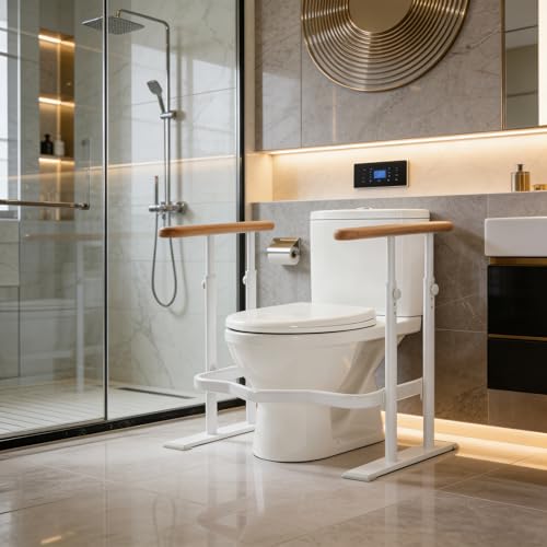 Toilet Safety Rails for Seniors - Toilet Safety Frame with Dual Pillars, Waterproof Nighttime Reflective Base, 3-Speed Height Adjustment (White, Double Pillar) - color: White
