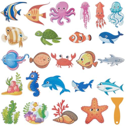 24Pcs Non Slip Bathtub Stickers Bulk Bathtub Sea Stickers with Scraper Plastic Adhesive Cartoon Ocean Animal Slippery Floor Decal for Shower and Bath Tub Home Decorations DIY Crafts Gifts - style: Marine Animal 4