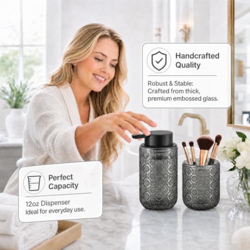 Bathroom soap Dispenser and Toothbrush Holder Set | Bathroom Accessories 2 pack cup and toothpaste holder grey glass - color: Deep Gray