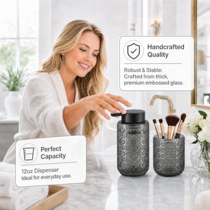 Bathroom soap Dispenser and Toothbrush Holder Set | Bathroom Accessories 2 pack cup and toothpaste holder grey glass - color: Deep Gray
