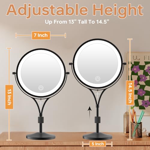 7" Lighted Makeup Mirror with Lights and 1X/10X Magnification,Black | Double Sided Standing Magnifying Vanity Mirror with Light, Blessed Cross, Height Adjustable, Rechargeable, Dimmable, Light Up