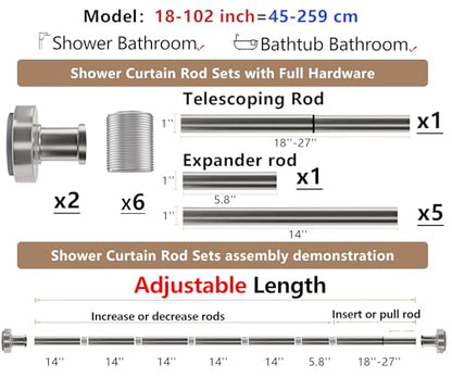 Brushed Nickel Tension Shower Curtain Rod – Adjustable 18-102 Inches, Fits 20-101 Inch Spaces, No Drill Rust Resistant Spring Rod for Bathroom, Kitchen, Bedroom, Balcony - color: Brushed Nickel, size: 18-102 inch without hooks