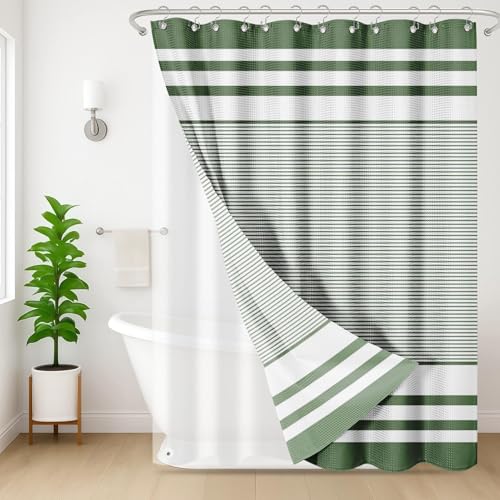 3 in 1 Shower Curtain and Liner,72 x 72 inch, Striped Green | Modern Rustic Grey Modern Double Layers Waterproof Fabric with See Through Top Window Open Grommet Bath Curtain - color: Green Striped
