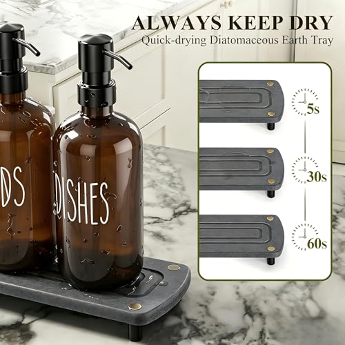 Cisily Amber Kitchen Soap Dispenser Set with Ceramics Sponge Holder | Black Metal Pump Head, Quick-Drying Soil Plate - color: Brown Bottle+black Pump + Black Sponge Holder