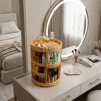 Bamboo Rotating Makeup Organizer with Adjustable Shelves - Round, Multipurpose Storage 360° Carousel for Vanity, Bathroom, Kitchen Countertop, Bedroom, Desk