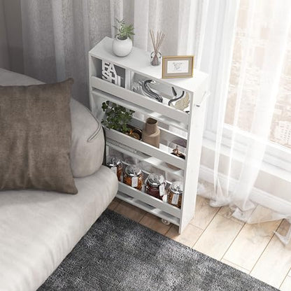 COSTWAY Slim Rolling Storage Cart, 4-Tier Rolling Utility Cart, Wood Kitchen Storage Cart with Handle & Wheels, Narrow Rolling Shelving Unit for Kitchen Bathroom Laundry Small Places (Plain White) - color: Plain White