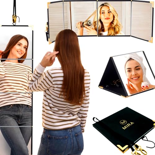 Real Glass Foldable Full-Length Travel Mirror, Portable, Folds 9x8in | Opens to 32in, Crystal-clear, No warping, Vegan-leather, Hook + strap, Hotels, Dorms, RVs, Camping, Small spaces, Gift box