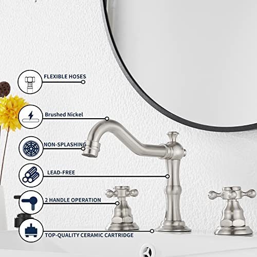 Two Handles Three Holes Faucet 8-16 inch Widespread Bathroom Sink Faucet Brushed Nickel Basin Tap Mixer Faucet Matching Metal Pop Up Drain - color: Brushed Nickel, style: Metal Cover