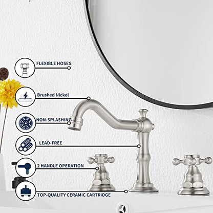 Two Handles Three Holes Faucet 8-16 inch Widespread Bathroom Sink Faucet Brushed Nickel Basin Tap Mixer Faucet Matching Metal Pop Up Drain - color: Brushed Nickel, style: Metal Cover