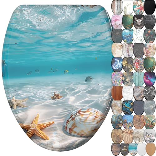 Sanilo Wooden Toilet Seat with Quick Release & Soft Close [ELONGATED] - Decorative & Slow Close Molded Wood Seat - With One Click for Easy Installation & Cleaning - With Adjustable Fit (Waterworld) - color: Waterworld
