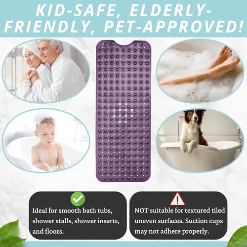 ENKOSI Non-Slip Bath & Shower Mat 40x16 Extra Long, Suction & Drain Holes | Purple color; Durable PVC; 40x16 in, Purple - color: Purple