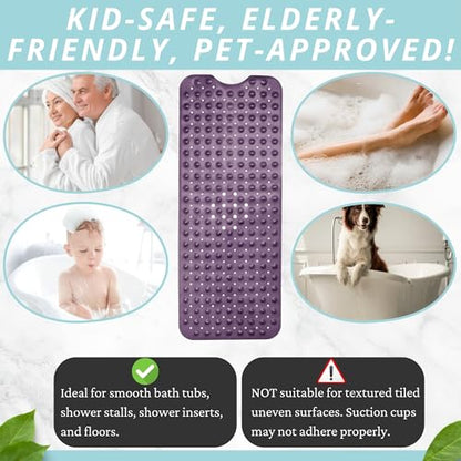 ENKOSI Non-Slip Bath & Shower Mat 40x16 Extra Long, Suction & Drain Holes | Purple color; Durable PVC; 40x16 in, Purple - color: Purple
