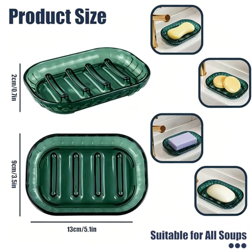 2 Pcs Self Draining Waterfall Clear Plastic Bar Soap Holder,Green | Clear Plastic Waterfall Drain Tray, Easy Clean Soap Saver, Multi-Scene For Shower, Bathroom, Kitchen Sink and Hotel Counter